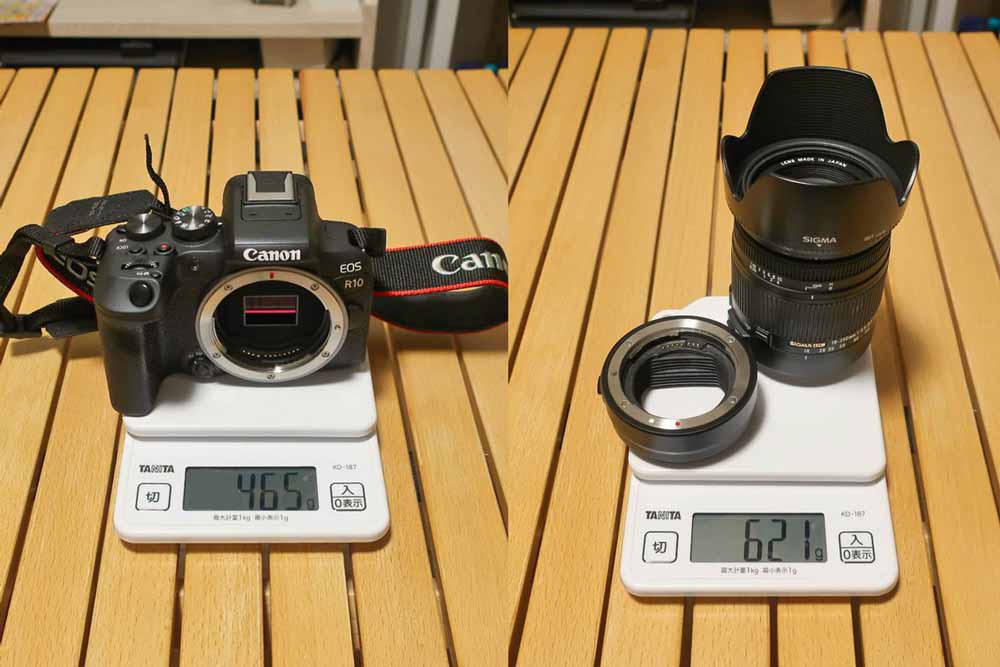 EOS R10 SIGMA 18-250mm 重さ比較